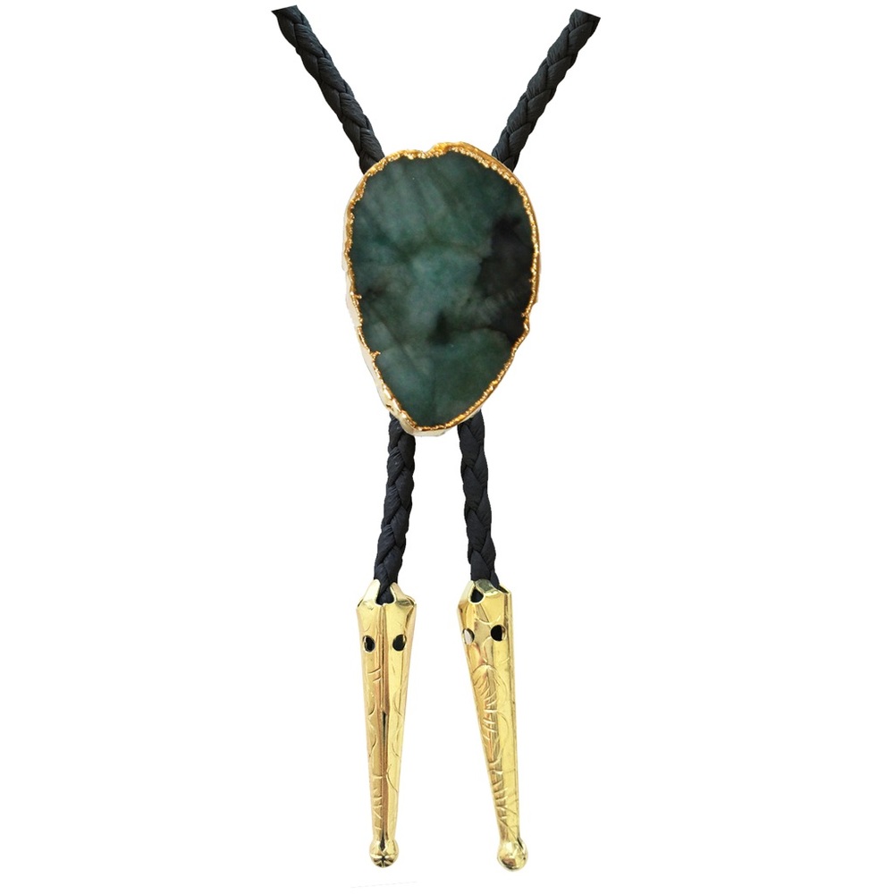 Braided Faux Leather Emerald Gold Trim Bolo Tie